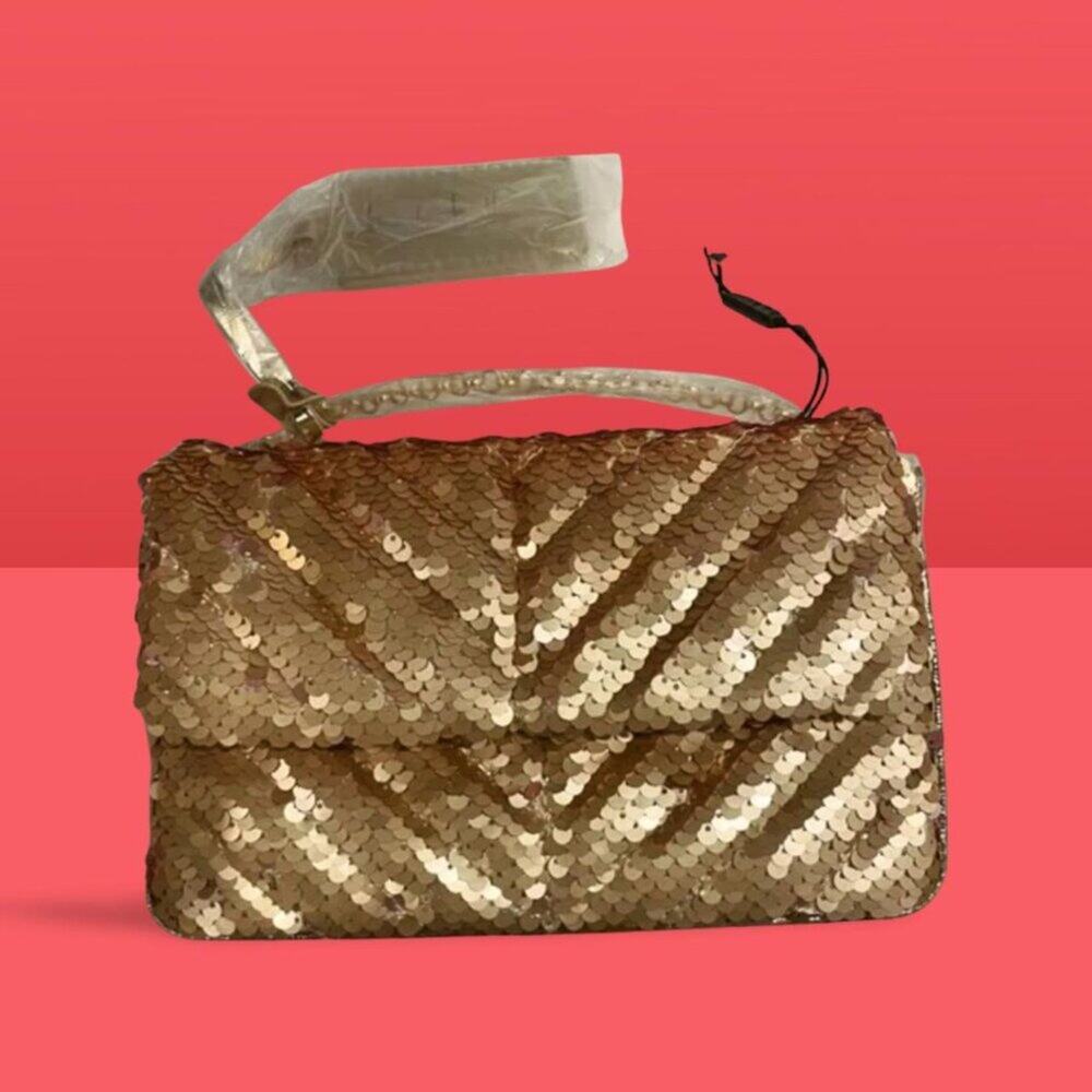 NWT - Nicole Miller Gold Sequin Bag purse Chain Strap Crossbody Small